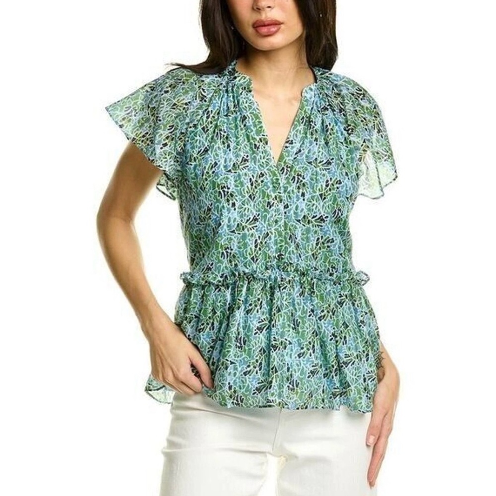 cinq a sept Blue-Green Floral Peplum Ruffle Blouse